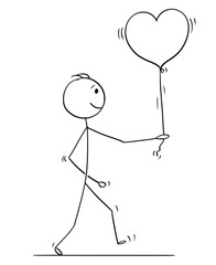 Cartoon stick drawing conceptual illustration of loving man in love holding or walking with heart shaped balloon.