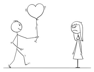 Cartoon stick drawing conceptual illustration of loving man or boy in love giving heart shaped balloon to woman or girl on date as gift or present. She is unhappy.
