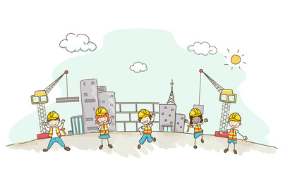 Stickman Kids Construction Buildings Illustration