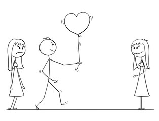 Cartoon stick drawing conceptual illustration of loving man or boy in love choosing to give heart shaped balloon to one woman or girl instead of another. Competition in love.