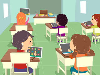 Stickman Kids Tablet Classroom Illustration