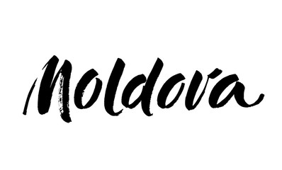 Moldova. Name country word text card, banner script. Beautiful typography inscription greeting calligraphy poster black. Handwritten design modern brush lettering isolated vector.