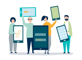 Characters of people holding giant digital devices illustration