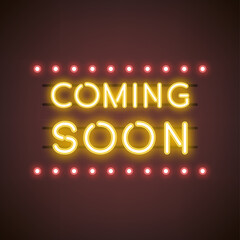Yellow coming soon neon sign vector - obrazy, fototapety, plakaty