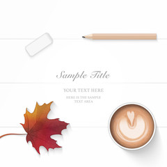 Flat lay top view elegant composition paper pine cone pencil eraser autumn maple leaf and coffee on wooden background
