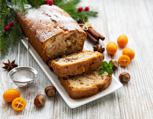 traditional homemade stollen with dried fruits and nuts