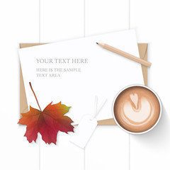 Flat lay top view elegant white composition paper kraft envelope tag autumn maple leaf pencil and coffee on wooden background