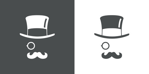 Icono plano con chistera monóculo y bigote en gris y blanco