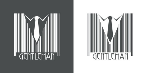 Icono plano con texto GENTLEMAN con código de barras con corbata en gris y blanco