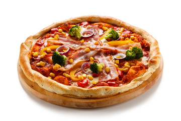 Pizza with bacon and vegetables on cutting board on white background