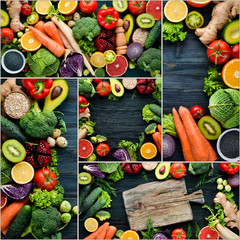 Photo collage Fresh vegetables and fruits. Organic food. Top view.