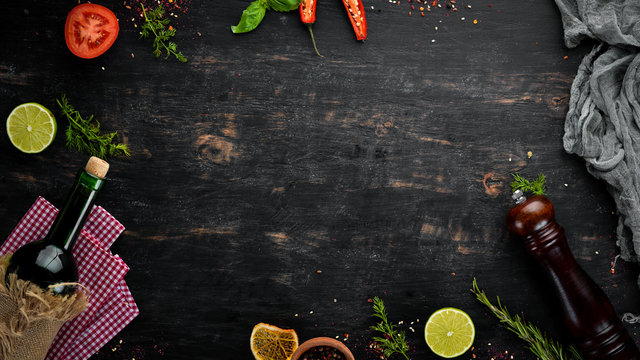 Food Background. Cooking Concept. On a wooden background. Top view. Free space for your text.