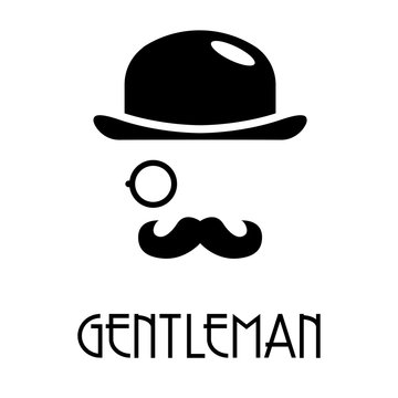 Logotipo abstracto con texto GENTLEMAN con bombín monóculo y bigote en color negro