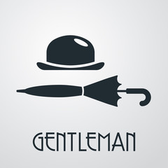 Logotipo con texto GENTLEMAN con bombín y paraguas cerrado horizontal en fondo gris