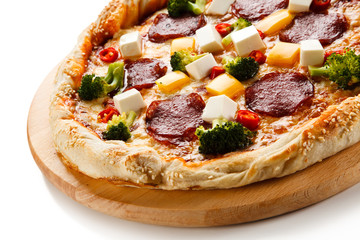 Pizza with salmi and feta cheese and vegetables on white background