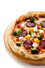 Pizza with salmi and feta cheese and vegetables on white background
