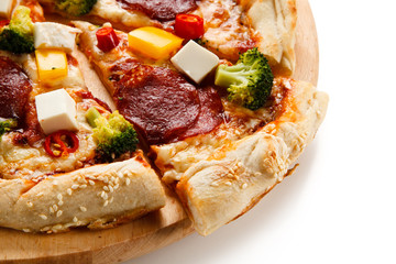 Pizza with salmi and feta cheese and vegetables on white background