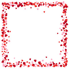 Red and Pink Paper Hearts Frame Background. Hearts Frame with space for Text. Romantic Scattered Hearts Texture. Vector illustration