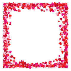 Obraz premium Corolful Red Paper Heart Frame Background. Romantic Scattered Hearts Texture. Heart Frame with space for Text. Vector illustration