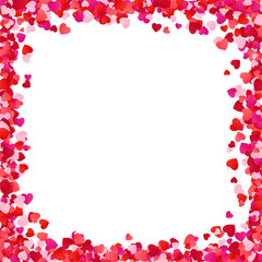 Color Paper Heart Frame Background. Heart Frame with space for Text. Romantic Scattered Hearts Texture. Love. Design for Valentine's Day or Weddings and Mother's Day. Vector illustration