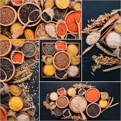 Obraz na płótnie Canvas Photo collage Cereals and pulses. Top view.