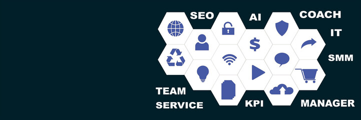 Panoramic Banner with icons and tags, words. Hi tech concept. Modern style