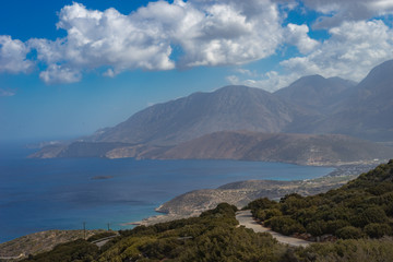 Agios Nikolaos, Crete - 09 29 2018: Moni Faneromenis Monastery. View of Mirabello Bay