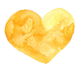 Big bright sunny yellow heart painted in watercolor on clean white background