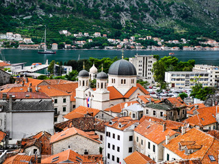 Kotor town, unesco heritage list. Montenegro. Beautiful panorama of orange roofs of medieval town.