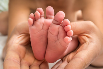 Obraz na płótnie Canvas Newborn baby feet in hands of mother