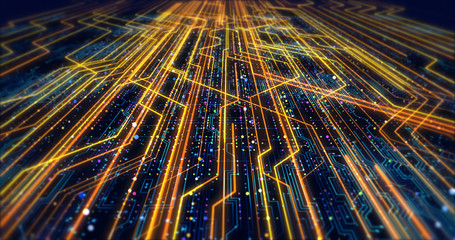 Futuristic Circuit Board Render With Bokeh Effects - Technology Related Concept