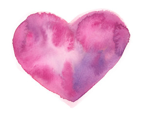 Bright pink and purple abstract heart painted in watercolor on clean white background