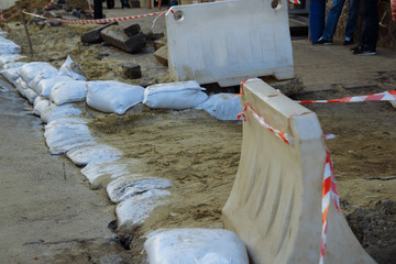 The wall of sandbags. sandbags wall, protection, flood