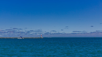 Lake Michigan with boat and pier, from downtown Chicago, USA