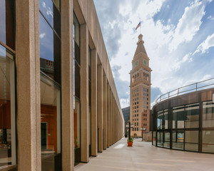 Historical clock tower and buildings in downtown Denver, USA