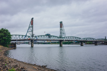 Hawthorne Bridge over Willamette River in downtown Portland, USA