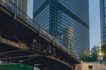 Wabash Avenue bridge and modern buildings in downtown Chicago, USA