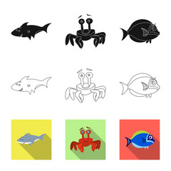 Isolated object of sea and animal icon. Collection of sea and marine stock vector illustration.