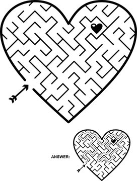 Valentine's Day, wedding, romantic, etc., themed heart shaped diagonal maze or labyrinth. Suitable both for kids and adults. Answer included.
