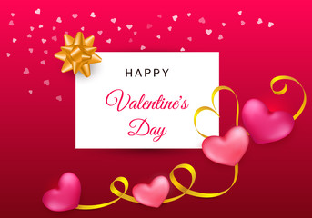 Fototapeta na wymiar Valentines day card with couple red, pink hearts and golden ribbon on a colorful background