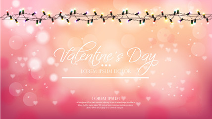 Valentine day pink background with lights Vector. Romantic banner. Invitation card or brochure. Pastel pink powder colors