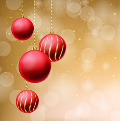 Red glitter Christmas balls on beige background Vector realistic. Merry Christmas elements. Detailed 3d illustration decors