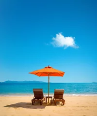 Zelfklevend Fotobehang Two lounge chairs with sun umbrella on a beach © Anton Gvozdikov