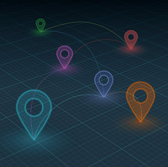 Vector navigation concept. Technology background with glowing neon pointers. - Illustration
