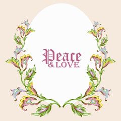 Tropical fantasy floral Arabic Eastern wreath frame and bouquet with hand drawn