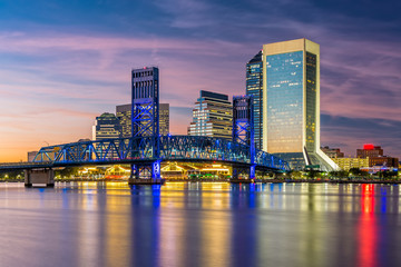 Skyline of Jacksonville, FL and Main Street Bridge at Dusk