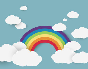 Vector illustration of rainbow on the blue sky with clouds. - Illustration