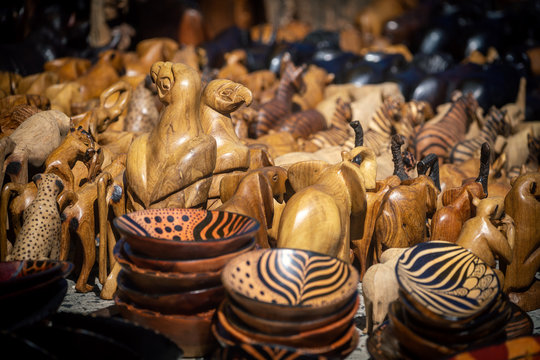 Wooden african souvenirs on sale at Cape Town market