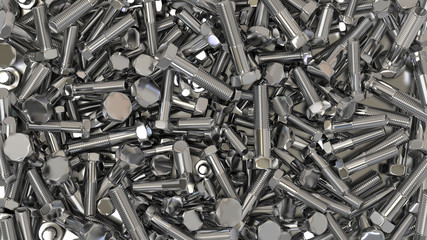 Set of scattered bolts. Threaded bolts close up. 3D Illustration.