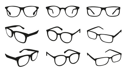 Glasses Icons - Different Angle View - Black Vector Illustration Set - Isolated On White Background - obrazy, fototapety, plakaty